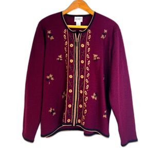 Koret Vintage 100% Wool Embroidered Full Zip Fall Sweater Sz Large Thanksgiving